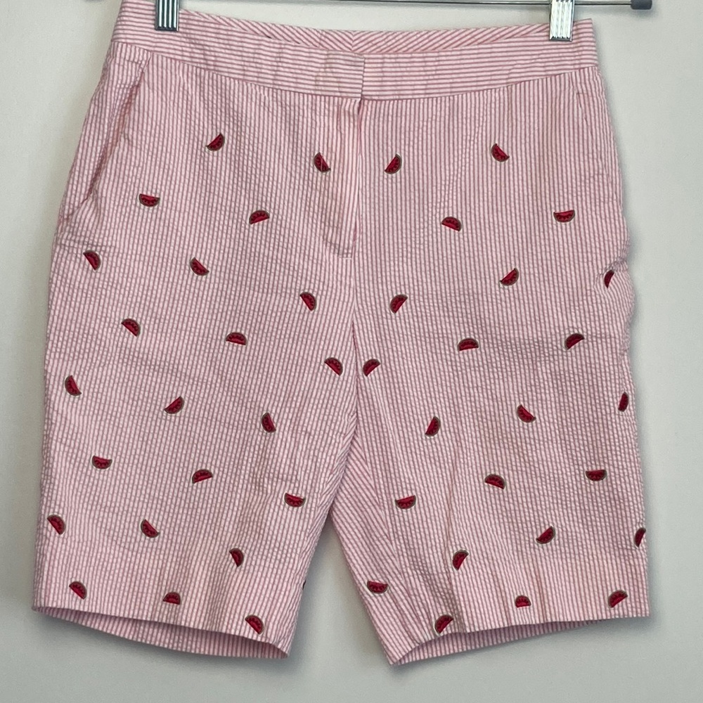 Brooks Brothers|Embroidered Pink & White Seersucker Shorts with Watermelons Sz2